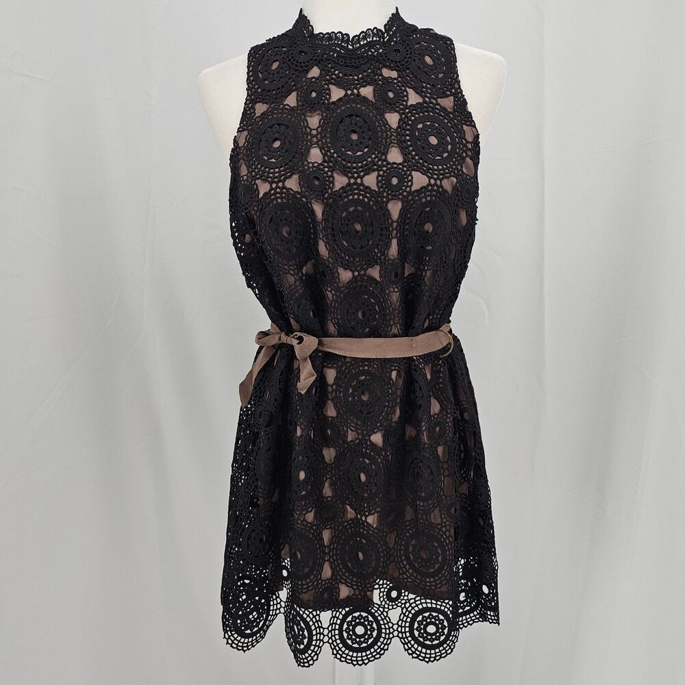 Free People Selma Crochet Black Lace Mini Dress Sz 4 Sleeveless Mock Neck Lined